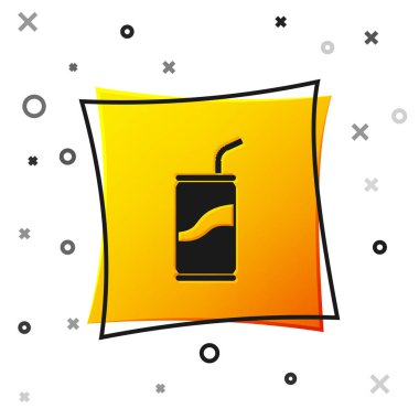 Siyah Soda beyaz arka plan üzerinde izole saman simgesi içme ile olabilir. Sarı kare düğmesi. Vektör İllüstrasyonu