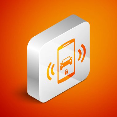 Turuncu arka planda izole edilmiş İzometrik Akıllı araç alarm sistemi simgesi. Akıllı telefon kablosuz araç güvenliğini kontrol eder. Gümüş kare düğme. Vektör İllüstrasyonu