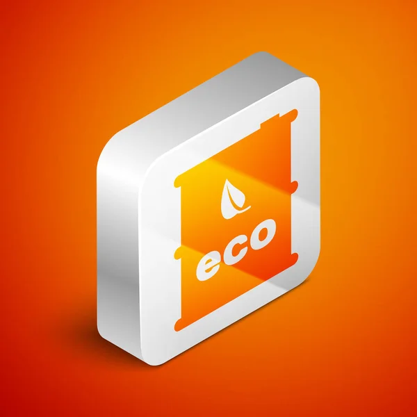 Isometric Bio fuel barrel icon isolated on orange background. Eco bio and canister. Green environment and recycle. Silver square button. Vector Illustration — Stock Vector
