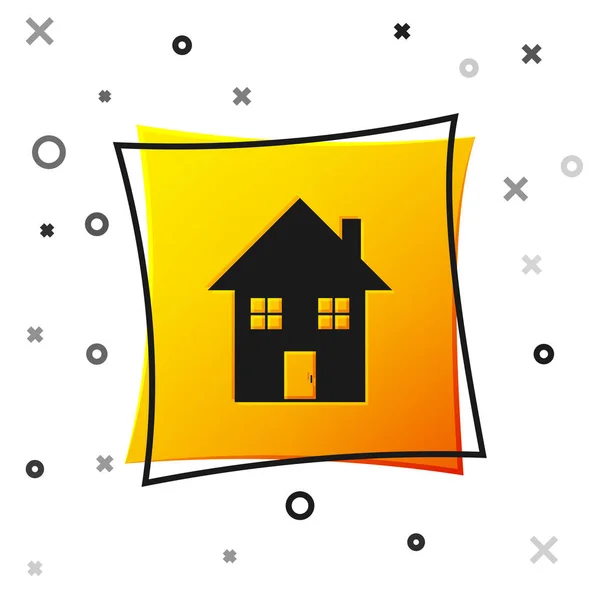 黑房子图标孤立在白色背景上。首页符号。黄色方形按钮。矢量插图 — 图库矢量图片