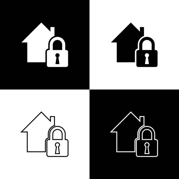 Встановіть будинок під значком захисту ізольовані іконки ізольовані на чорно-білому тлі. Будинок і замок. Захист, безпека, захист, оборонна концепція. Векторна ілюстрація — стоковий вектор