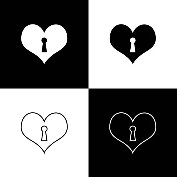 Встановіть серце з іконками замкової щілини, ізольованими на чорно-білому тлі. Заблоковане серце. Символ любові та знак замкової щілини. Векторна ілюстрація — стоковий вектор