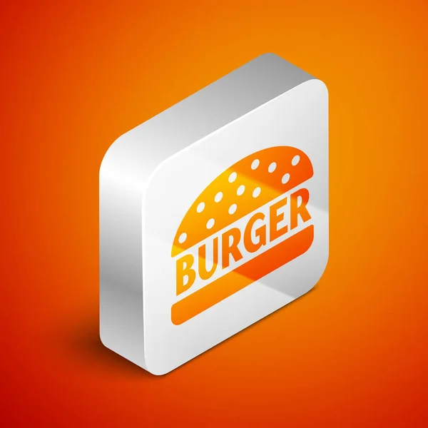 Isometrisches Burger-Symbol auf orangefarbenem Hintergrund. Hamburger Ikone. Cheeseburger Sandwich-Schild. Silberner quadratischer Knopf. Vektorillustration — Stockvektor