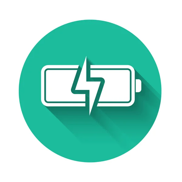 White Battery icon isolated with long shadow. Lightning bolt symbol. Green circle button. Vector Illustration — Stock Vector