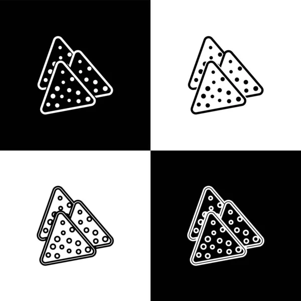 Set Nachos icons isolated on black and white background. Tortilla chips or nachos tortillas. Traditional mexican fast food. Vector Illustration — Stock Vector