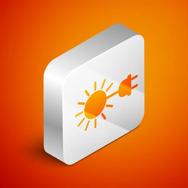 Isometric Sun with electric plug icon isolated on orange background. Energy saving concept. Silver square button. Vector Illustration