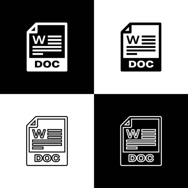 Documentpictogram voor doc-bestand instellen. Download doc knoppictogrammen geïsoleerd op zwart-wit achtergrond. Doc bestandsextensie symbool. Vector illustratie — Stockvector