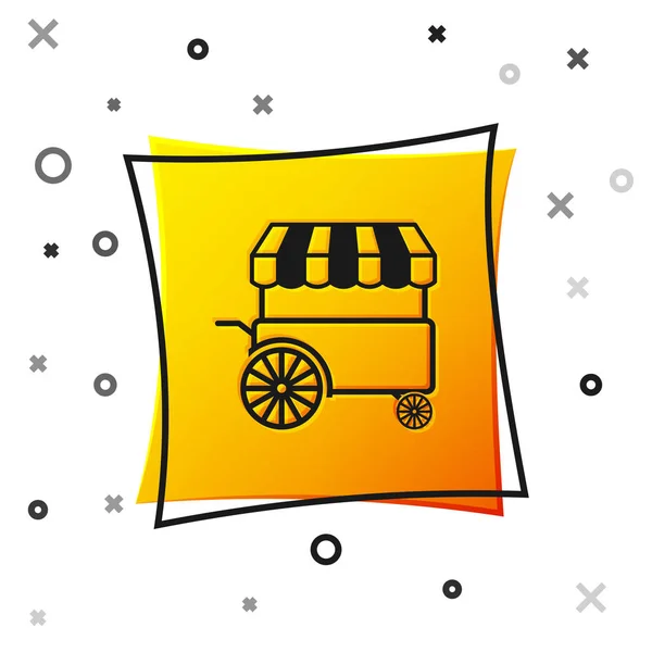 Black Fast street food cart with awning icon isolated on white background. Urban kiosk. Yellow square button. Vector Illustration — Stock Vector