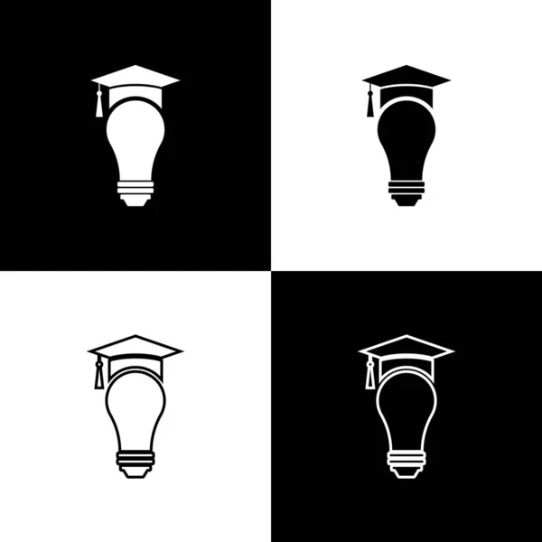 Set Light bulb and graduation cap icon isolated icons isolated on black and white background. University Education concept. Vector Illustration — Stock Vector