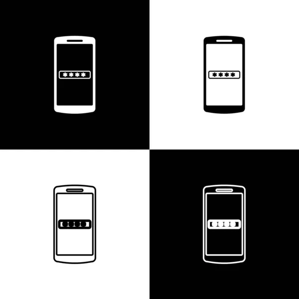 Definir telefone celular e ícones de proteção de senha isolados em fundo preto e branco. Segurança, segurança, acesso pessoal, autorização do usuário, privacidade. Ilustração vetorial —  Vetores de Stock