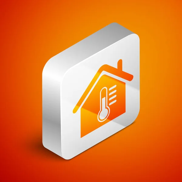 Icono de temperatura de la casa isométrica aislado sobre fondo naranja. Icono del termómetro. Botón cuadrado plateado. Ilustración vectorial — Vector de stock