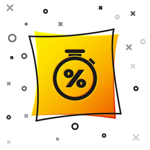 Black Stopwatch and percent discount icon isolated on white background. Time timer sign. Yellow square button. Vector Illustration — Stock Vector
