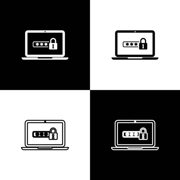 Set Laptop mit Passwort-Benachrichtigung und Schloss-Symbole isoliert auf schwarz-weißem Hintergrund. Sicherheitskonzept, persönlicher Zugang, Benutzerberechtigung, Login-Formular. Vektorillustration — Stockvektor