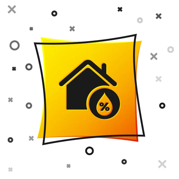 Zwart huis vochtigheid pictogram geïsoleerd op witte achtergrond. Weer en meteorologie, thermometer symbool. Gele vierkante knop. Vector illustratie — Stockvector