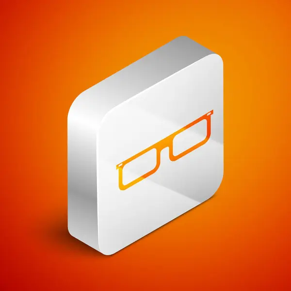 Izometrická ikona brýlí izolovaná na oranžovém pozadí. Symbol rámu skla. Stříbrné čtvercové tlačítko. Vektorová ilustrace — Stockový vektor