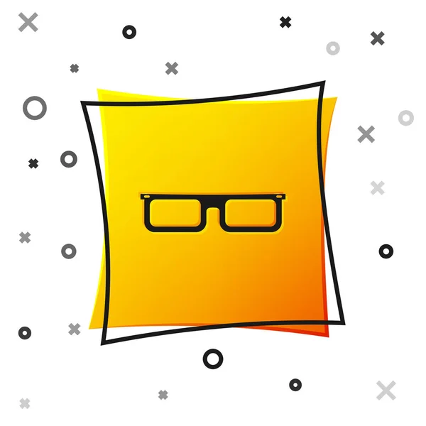 Icono de gafas negras aisladas sobre fondo blanco. Símbolo de marco de gafas. Botón cuadrado amarillo. Ilustración vectorial — Archivo Imágenes Vectoriales