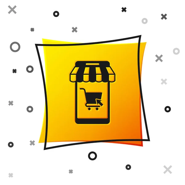 Teléfono móvil negro y carrito de compras con icono de toldo a rayas aislado sobre fondo blanco. Símbolo de compra online. Símbolo de cesta de supermercado. Botón cuadrado amarillo. Ilustración vectorial — Archivo Imágenes Vectoriales