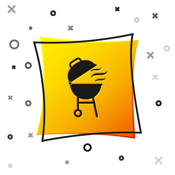 Black Barbecue grill icon isolated on white background. BBQ grill party. Yellow square button. Vector Illustration — Stock Vector