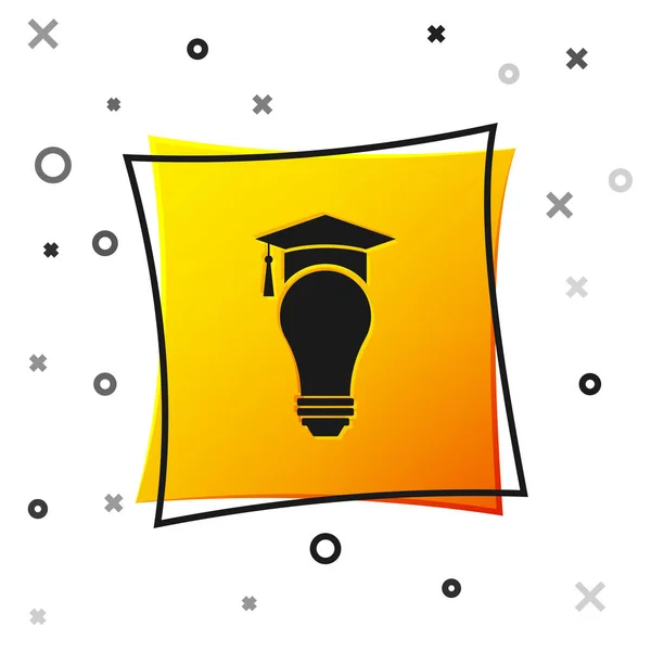 Black Light bulb and graduation cap icon isolated on white background. University Education concept. Yellow square button. Vector Illustration — Stock Vector