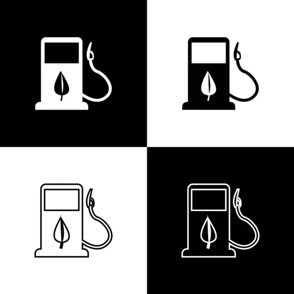 Stel bio-brandstof concept in met brandstof sproeier en blad pictogrammen die op een zwart-witte achtergrond zijn geïsoleerd. Benzinestation met bladeren. Eco tanken. Vector illustratie — Stockvector
