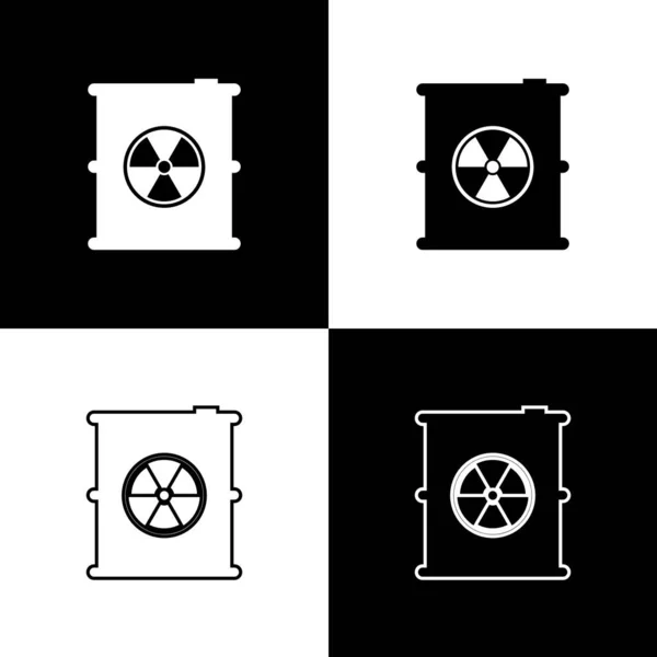 Ustaw odpady radioaktywne w beczce ikony izolowane na białym tle. Toksyczny KEG do odpadu. Radioaktywne emisje śmieci, zanieczyszczenie środowiska. Ilustracja wektorowa — Wektor stockowy