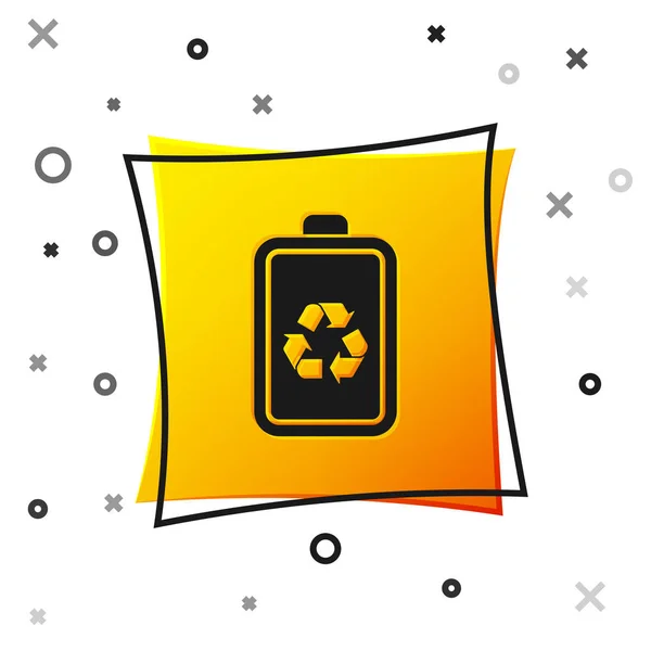 Schwarzer Akku mit Recycling-Symbol auf weißem Hintergrund. Batterie mit Recycling-Symbol - Konzept für erneuerbare Energien. gelber quadratischer Knopf. Vektorillustration — Stockvektor