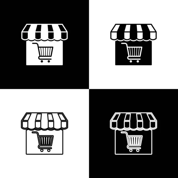 Stel winkel gebouw of markt winkel met pictogrammen van winkelwagentje geïsoleerd op zwart-wit achtergrond. Winkel bouw. Supermarkt mand symbool. Vector illustratie — Stockvector