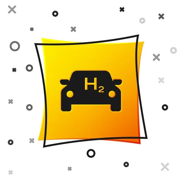 Černá vodíková ikona, samostatná na bílém pozadí. Symbol H2 Station. Vodíkové palivové a nízkoemisní ekologické životní prostředí. Žluté čtvercové tlačítko. Vektorová ilustrace — Stockový vektor