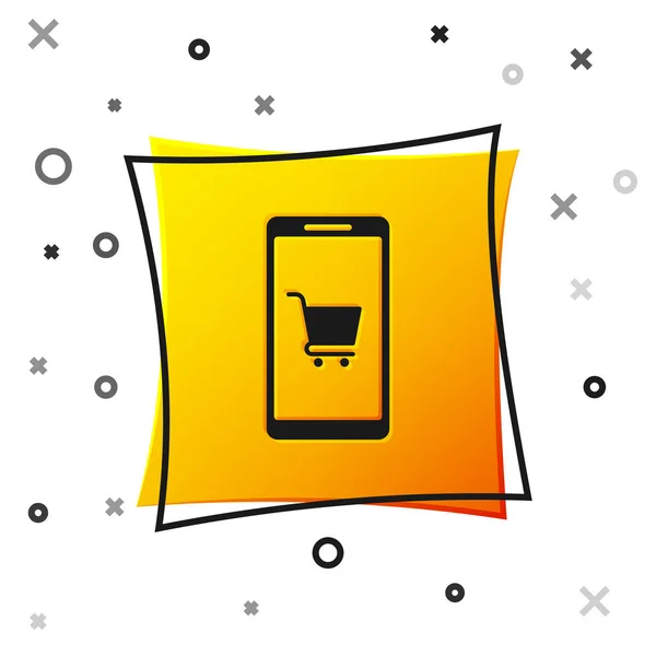 Siyah cep telefonu ve alışveriş arabası simgesi beyaz arka planda izole edilmiş. İnternetten satın alma sembolü. Süpermarket sepeti sembolü. Sarı kare düğme. Vektör İllüstrasyonu — Stok Vektör