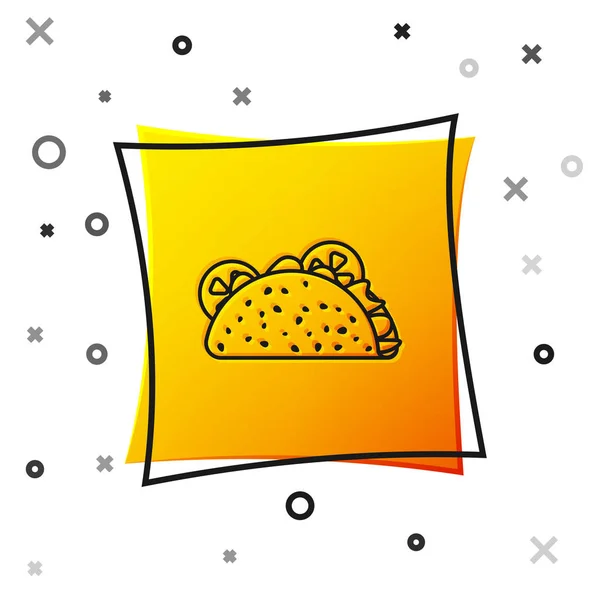 Taco noir avec icône tortilla isolée sur fond blanc. Restauration rapide mexicaine traditionnelle. Bouton carré jaune. Illustration vectorielle — Image vectorielle