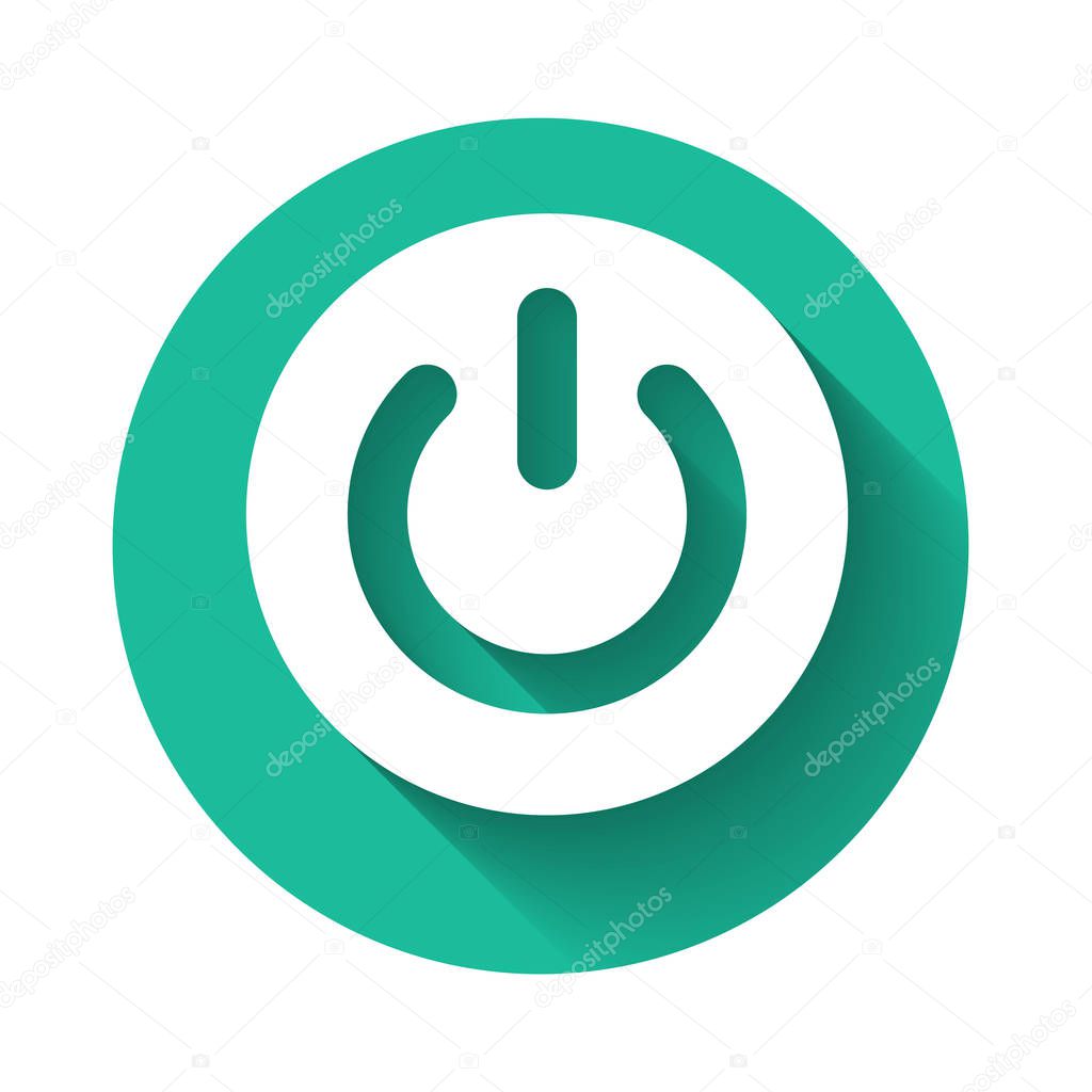 White Power button icon isolated with long shadow. Start sign. Flat design. Green circle button. Vector Illustration