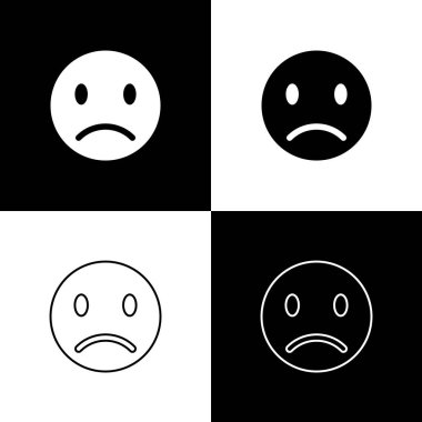 Siyah beyaz arka planda yalıtılmış Sad gülümseme simgelerini ayarlayın. İfade yüzü. Vektör İllüstrasyonu