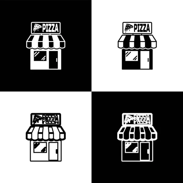 Placez les icônes de façade du bâtiment Pizzeria isolées sur fond noir et blanc. Kiosque pizzeria Fast Food. Illustration vectorielle — Image vectorielle