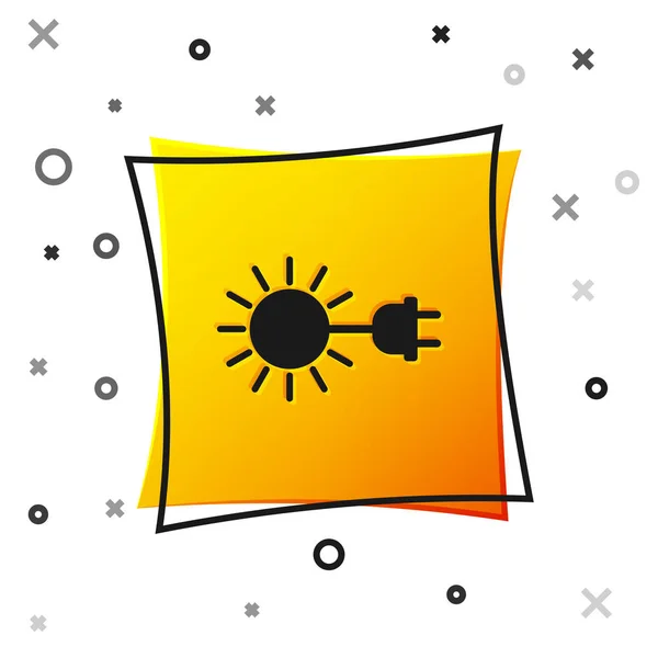 Sol negro con icono de enchufe eléctrico aislado sobre fondo blanco. Concepto de ahorro energético. Botón cuadrado amarillo. Ilustración vectorial — Vector de stock