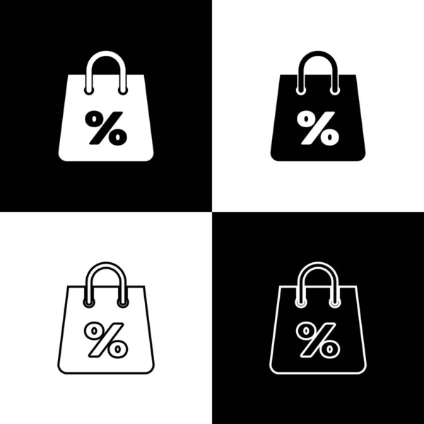 Set Einkaufstasche mit einer Aufschrift Prozent Rabatt Symbole isoliert auf schwarzem und weißem Hintergrund. Handtaschenschild. Frau Tasche Ikone. weibliches Handtaschenschild. Vektorillustration — Stockvektor