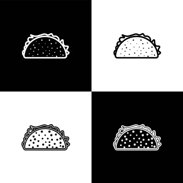 Set Taco con icone tortilla isolato su sfondo bianco e nero. Fast food messicano tradizionale. Illustrazione vettoriale — Vettoriale Stock