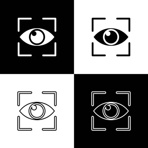Establecer iconos de exploración ocular aislados sobre fondo blanco y negro. Ojo escáner. Comprobación de seguridad. Signo cibernético. Ilustración vectorial — Archivo Imágenes Vectoriales