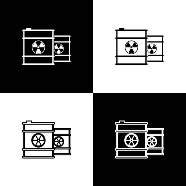 Ustaw odpady radioaktywne w linii baryłkę ikona na białym tle ikony izolowane na czarno-białe tło. Toksyczny KEG do odpadu. Radioaktywne emisje śmieci, zanieczyszczenie środowiska. Ilustracja wektorowa — Wektor stockowy