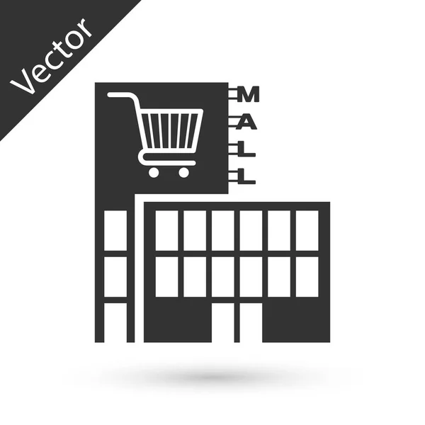 Graue Mall oder Supermarkt Gebäude mit Einkaufswagen Symbol isolat — Stockvektor