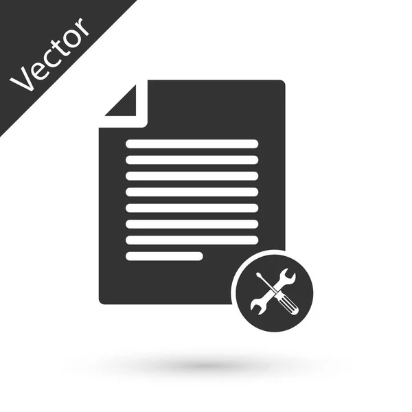 Documento de archivo gris con destornillador e icono de llave inglesa aislado en — Vector de stock