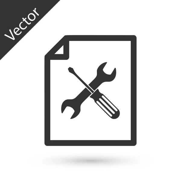 Graues Dateidokument mit Schraubenzieher und Schraubenschlüssel-Symbol — Stockvektor