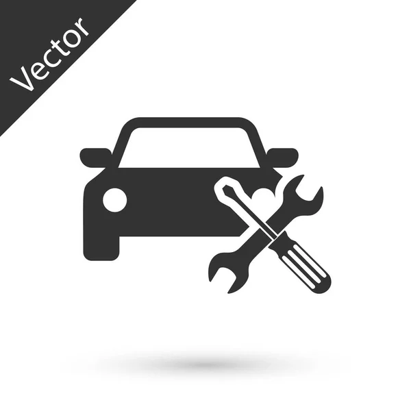 Graues Auto mit Schraubenzieher und Schraubenschlüssel-Symbol isoliert auf weißer Rückseite — Stockvektor