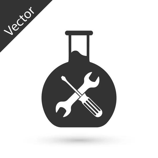 Szara Bioinżynieria z śrubokrętem i ikoną klucza na białym tle — Wektor stockowy