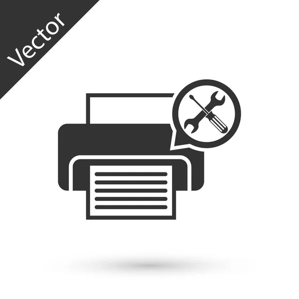 Impresora gris con destornillador e icono de llave inglesa aislado en blanco — Vector de stock