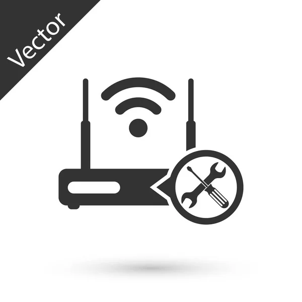 Roteador cinza wi-fi com chave de fenda e chave ícone isolado em w —  Vetores de Stock