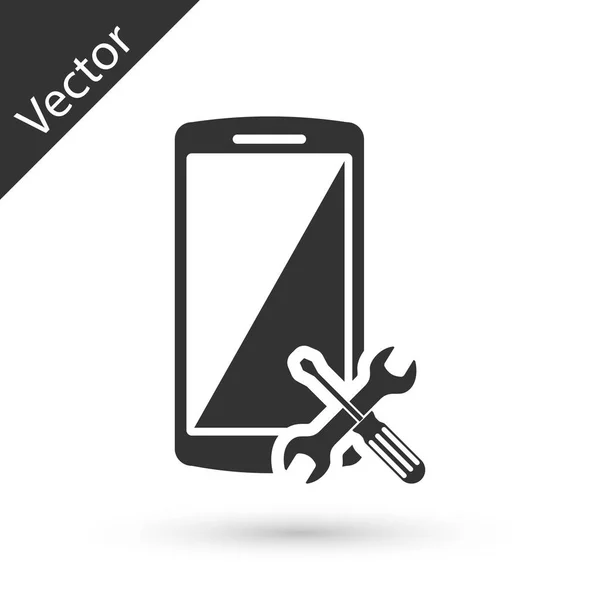 Smartphone gris con destornillador e icono de llave inglesa aislado en whi — Vector de stock