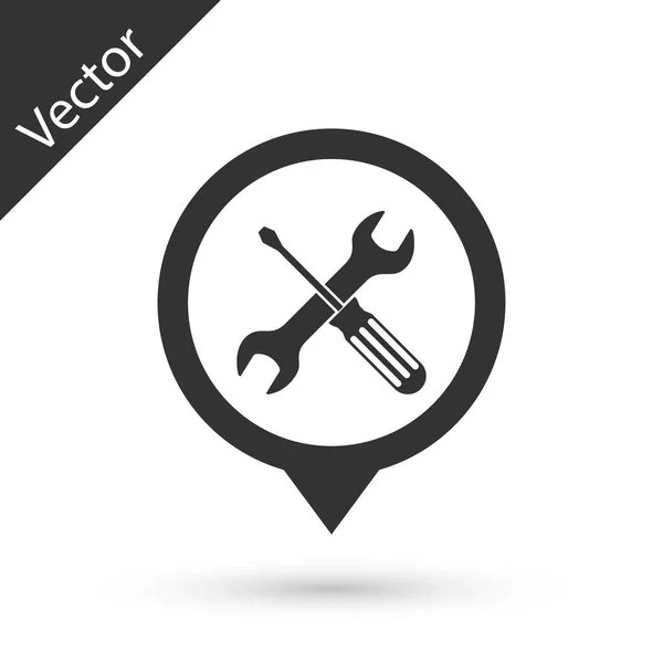 Серый Location с скрещенными отвертками и гаечными инструментами икона iso — стоковый вектор