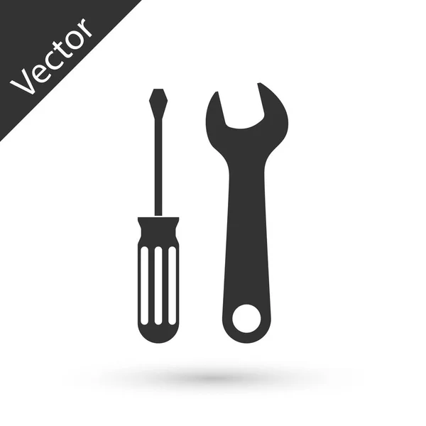 Destornillador gris e icono de herramientas de llave inglesa aislado en backgro blanco — Vector de stock