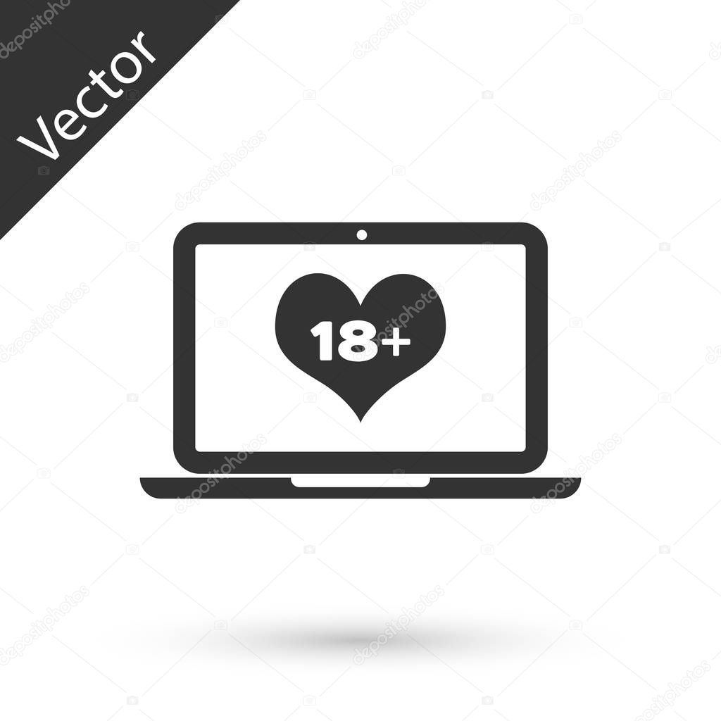 Grey Laptop computer with 18 plus content heart icon isolated on