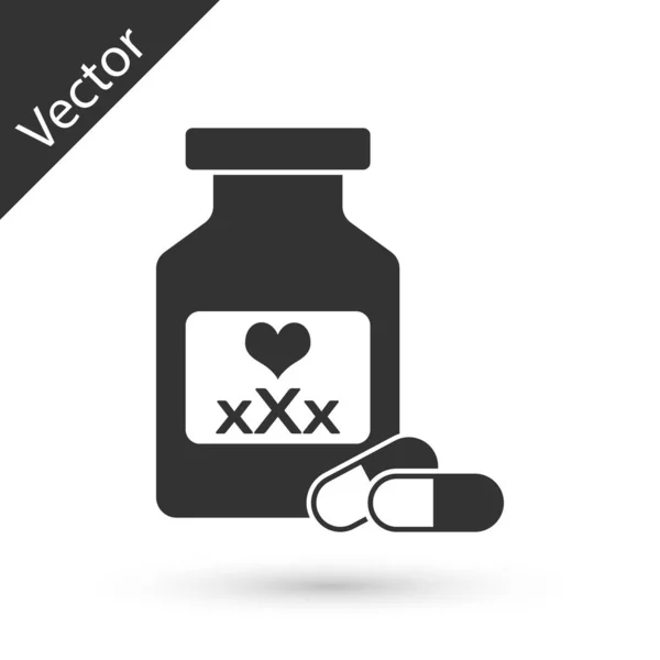 Flacone di medicina grigia con pillole per la potenza, icona afrodisiaca è — Vettoriale Stock